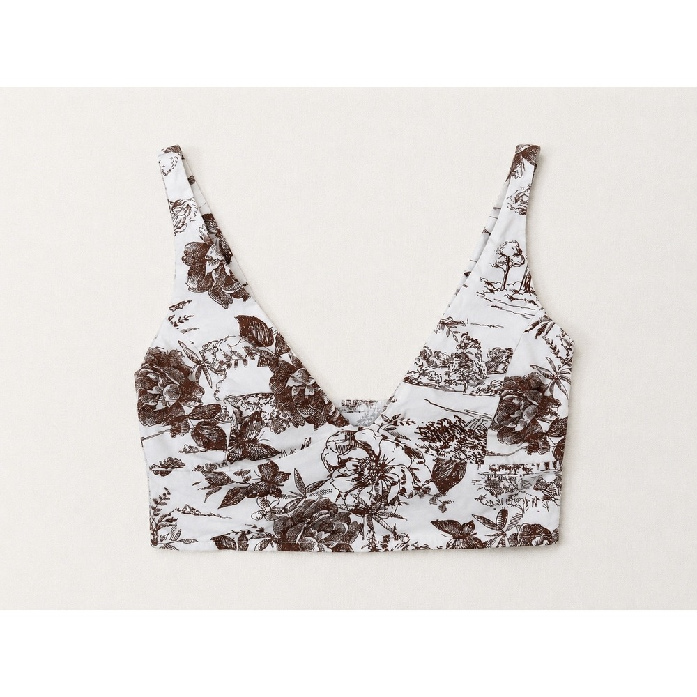 Altar'd State Brown White Toile Floral Smocked Back V-Neck Crop Tank Top Small